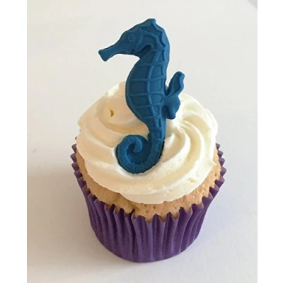 Abbildung von 6 Handgemachte Kuchendekorationen aus Zucker: Blau Seepferdchen / Blue Seahorses