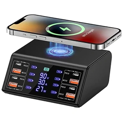 Abbildung von Multi USB Ladestation 100W Mehrere Geräte Ladegerät mit LED Bildschirm Kabelloses Schnell Induktives 8 Ports 18W QC3.0 und 27W PD Schnellladungsport für iPhone iPad Samung