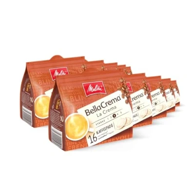 Abbildung von Melitta BellaCrema La Crema gemahlener Röstkaffee in Kaffee Pads 10 x 16 Pads, Kaffeepads für Pad Maschine, mittlere Röstung, geröstet Deutschland, Stärke 3, im Tray