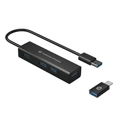 Abbildung von Conceptronic 4 Port USB 3.0 Hub und OTG Adapter für C, 3.2 Gen 1 (3.1 1) Type A, 5000 Mbit/s, Schwarz, China,