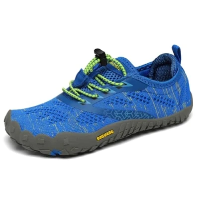 Abbildung von SAGUARO Kinder Barfußschuhe Traillaufschuhe Jungen Mädchen Trainingsschuhe Zehenschuhe Atmungsaktiv rutschfest Walkingschuhe Laufschuhe Schnell Trocknend Badeschuhe, Blau 31 EU
