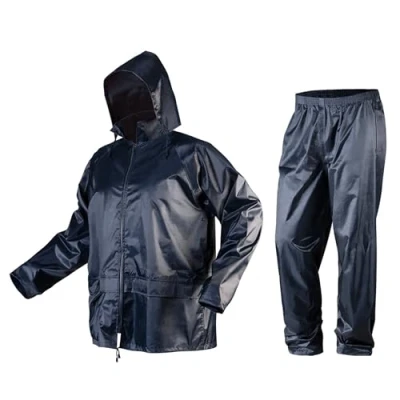 Abbildung von NEO TOOLS Herren Regenset, Regenmantel mit Kapuze und Regenhose Gr. M XXXL verklebte Nähte, Reißverschlüsse Taschen vor Wasser geschützt, Ventilationsöffnungen, 170g/m2 Blau oder 310g/m2 Grün