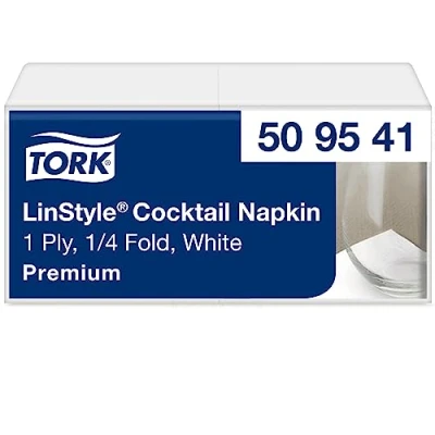 Abbildung von Tork LinStyle Cocktailservietten Weiß, 1/4‑Falz, strapazierfähig, 23,8 x cm, 14 100 Servietten, 509541