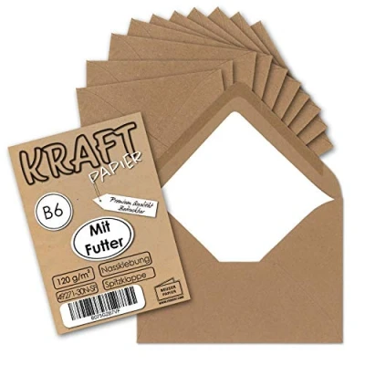 Abbildung von 75x gefütterte Vintage Umschläge DIN B6 125 x 178 mm Kraftpapier 120 g/m² braun Recycling Nassklebung Spitzklappe UmWelt by GUSTAV NEUSER