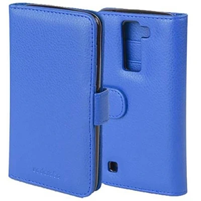 Abbildung von Cadorabo Hülle kompatibel mit LG K8 2016 aus Premium Kunst Leder Flip Klappbare Stoßfeste Magnetische [Standfunktion] [Kartenfächern] Cover für Tasche in Blau