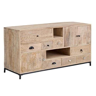 Abbildung von Woodkings® Waschtisch Laos Mango Holz rustikal geschnitzt Waschtischunterschrank Doppelwaschtisch Badmöbel Badezimmer Möbel Unterschrank Badschrank