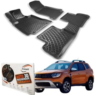 Abbildung von Trimak Passgenau 3D Fussmatten Auto Kompatibel mit Dacia Duster 4x4 2 Gen 2018 2022 Zubehör 1. und 2. Reihe Gummimatten Autos TPE Allwetter Geruchlos rutschfest Vorne Hinten Schwartz
