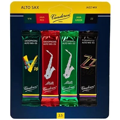 Abbildung von Vandoren SRMIXA25 Blätter für Altsaxophone/Jazz (Stärke 2,5) mit je 1 Stück ZZ, V16, JAVA und Red