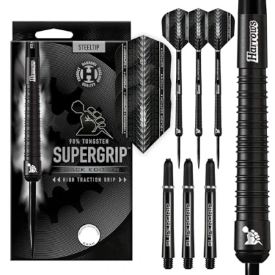 Abbildung von Harrows Supergrip Black Edition Dartset mit 90% Wolframstahlspitze. Erhältlich in 21 g, 22 23 24 25 26 28 g und 30 inklusive Schäften Flights (30G)