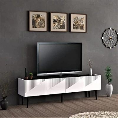 Abbildung von en.casa TV Schrank »Oppdal« 154x37x45cm Weiß / Marmor, schwarz