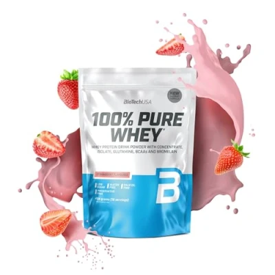 Abbildung von BioTechUSA 100% Pure Whey Proteinpulver mit BCAA und Glutamin Glutenfrei, Palmölfrei 21g Protein pro Portion, 454 g, Erdbeere