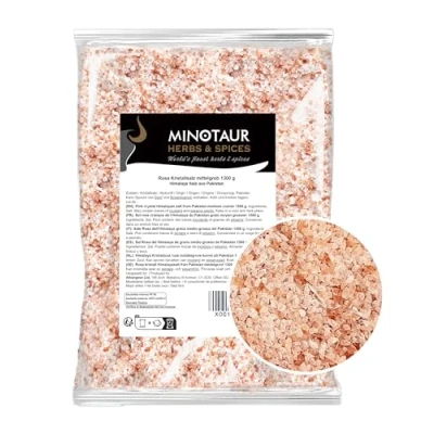 Abbildung von Minotaur Salt Rosa Kristallsalz 2 x 1300 g (2,6 Kg) Mittelgrobes Himalaya Salz aus Pakistan für die Salzmühle 100% Naturrein, Unbehandelt Pink
