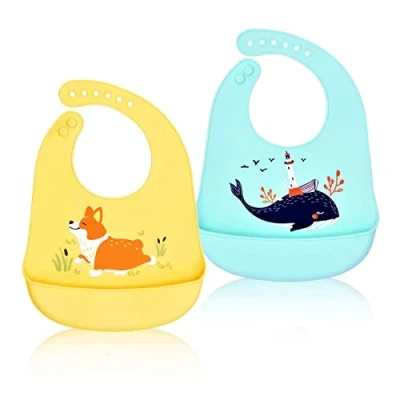 Abbildung von FILOWA Baby Silikon lätzchen Wasserdichte,2er Set Babylätzchen mit Auffangschale Zum Bemalen Babybjörn BPA Frei Abwaschbar Verstellbare Einfache Reinigung Grün Gelb Blau Unisex kinder