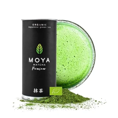 Abbildung von Moya Matcha Bio Tee Pulver Grün 30g Premium Zeremonie Qualität Organisch Gewachsen und Geerntet in Uji,Japan Grüntee Ideal für die japanische Teezeremonie mit Wasser