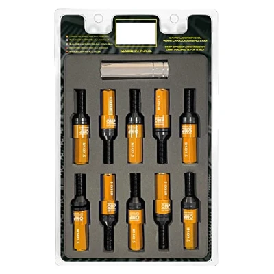 Abbildung von OMP SPEED Set 20 Radschrauben schwarz mit metrischer M14X1,5 Schlüssel 17 19 lang Gewinde 28 mm orangefarbenem Aluminium 7075 + DIN 12,9