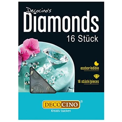 Abbildung von DECOCINO essbare Diamanten, weiß (16 Stück) funkelnde Edelsteine Kuchendeko &amp; Tortendeko für Hochzeitstorten Deko Geburtstagskuchen