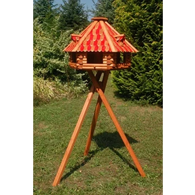 Abbildung von Deko Shop Hannusch XXL Luxus Vogelhaus mit Solarbeleuchtung absoluter Blickfang, Vogelfutterhaus aus Holz, V13 Ständer, Farbe:Braun Rot