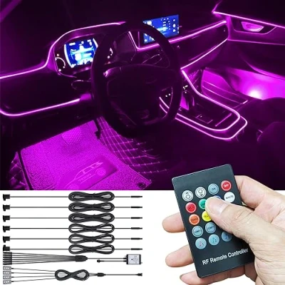 Abbildung von TABEN Auto Umgebungsbeleuchtungs Kit 8 m Glasfaser 64 Farben RF Fernbedienung USB Fußraum Atmosphärenlicht, DIY 16 Millionen RGB Mehrfarbig Sound Aktive Musik Sync Innenbeleuchtung DC 12V