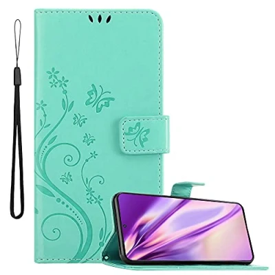 Abbildung von Cadorabo Hülle kompatibel mit Samsung Galaxy S21 5G Blumen Design aus Kunst Leder Flip Klappbare Stoßfeste Magnetische [Standfunktion] [Kartenfächern] Cover für Tasche in Türkis
