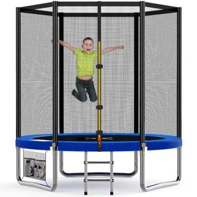 Abbildung von Devoko Trampolin Outdoor Ø 183/228/305/366/427 cm Indoor Kinder Gartentrampoline, Komplettset mit Schuhnetz, Leiter, Randabdeckung, Sicherheitsnetz, Belastbarkeit 50 kg (Blau)