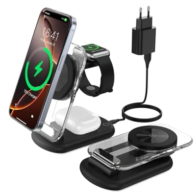 Abbildung von Ladestation, 3 in 1 Ladegerät, faltbar einstellbar Winkel mit Atmosphärenlicht, kompatibel Telefon iWatch/Airpods, für iWatch iPhone 16/15/14/13, Weiss