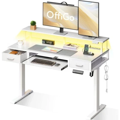 Abbildung von OffiGo Elektrischer Schreibtisch mit Schubladen, 120cm Höhenverstellbarer Monitorständer, Computertisch Tastaturablage, Gaming Tisch Steckdosen und Lichtleiste, Weiß