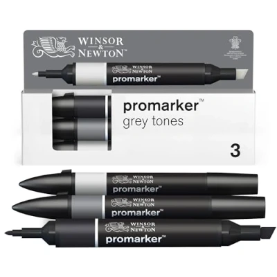 Abbildung von Winsor &amp; Newton 0290185 ProMarker Set Grautöne, 3 Layoutmarker im Set, mit 2 Spitzen, fein und breit für Zeichnungen, Design Layouts