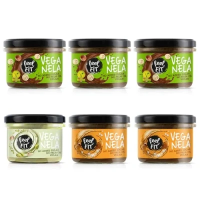 Abbildung von Feel FIT VEGANELA ohne Zuckerzusats Mixbox: 3 x Kakao Hazelnuss Aufstrich, 2 gesalzener Karamellaufstrich, 1 45% Pistaziencreme, 6er Pack (6 200 g)
