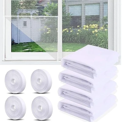 Abbildung von 4 Stück Moskitonetze Fenster, 150x130cm Fliegengitter Fenster mit Rollen Selbstklebend, Unsichtbares Fenstergitter， Zuschneidbar Mückenschutz für Schützen die Familie vor Insekten (White)