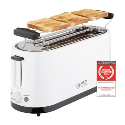 Abbildung von TZS FIRST AUSTRIA Toaster 4 Scheiben, Langschlitz, 1400W mit Krümelschublade, Brötchenaufsatz, für, Temperatureinstellung, Edelstahlgehäuse, Auftaufunktion