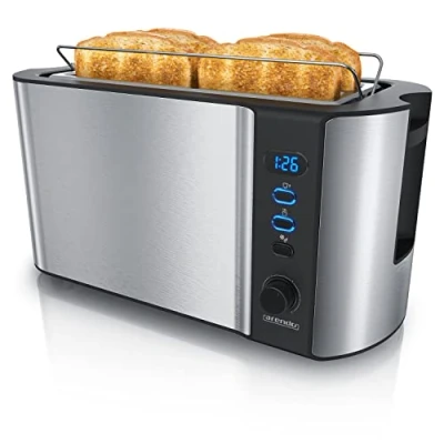 Abbildung von Arendo Edelstahl Toaster Langschlitz 4 Scheiben Defrost Funktion wärmeisolierendes Gehäuse mit integriertem Brötchenaufsatz 1500W Krümelschublade Display Restzeitanzeige Kupfer