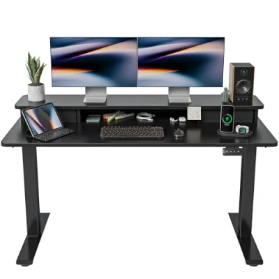 Abbildung von FEZIBO Höhenverstellbarer Elektrischer Stehtisch mit Doppelschublade, 140 x 60 cm Ablage, Sitz Steh Schreibtisch Verbindungsplatte, Schwarzer Rahmen/Schwarze Oberfläche