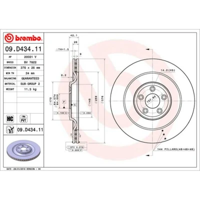 Abbildung von BREMBO 09.D434.11 Bremsscheibe 376 26 5 innenbelüftet beschichtet hochgekohlt JAGUAR: F Type Cabrio, Coupe, XK Cabrio