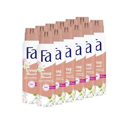 Abbildung von FA Deospray Divine Moments (12x 150ml), Deodorant mit dem Duft von wilder Kamelienblüte, Vegane Formel, stoppt Bakterien, Deo Schutz ohne Aluminiumsalze