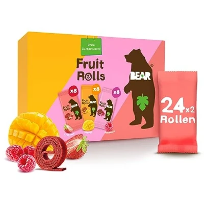Abbildung von BEAR Fruchtrollen Mixbox 100% Natürliche Inhaltsstoffe Ohne Zusatz von Zucker Gesunder Snack für Kinder &amp; Erwachsene 24 Beutel x 20g 480g