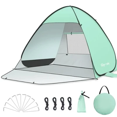 Abbildung von Glymnis Strandmuschel Pop Up Strandzelt Strand Zelt mit Reißverschlusstür UV Schutz 50+ Windschutz kleines Packmaß Blau (Grün L/2 3person)