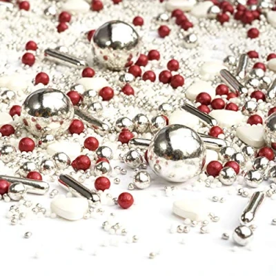 Abbildung von Streusel Sissi weiss silber rot 90g Zuckerstreusel Herzen Valentinstag GLÜCK Zucker zur Verzierung von Plätzchen Torten Kuchen Muffins Cupcakes Silvester Party