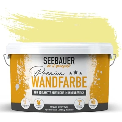 Abbildung von SEEBAUER diy Wandfarbe Gelb 5L für Innen (No. 457 Lemon Soda) Edelmatte zitronengelbe Innenfarbe Gelbtöne sehr hohe Deckkraft Matt, Abwaschbar und Tropffrei