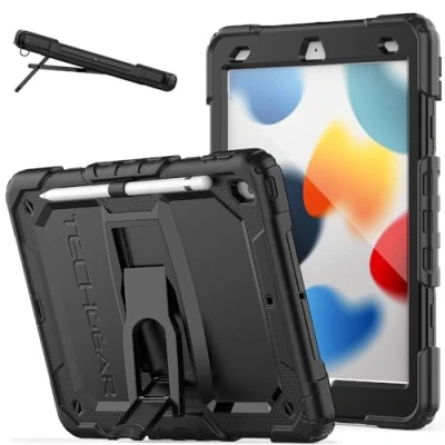 Abbildung von TECHGEAR ArmourShield Schutzhülle für Apple iPad 25,9 cm (10,2 Zoll) 2021/2020/2019 [9./8./7. Generation] Ganzkörper Schutzhülle, stoßfest, mit klappbarem Ständer, Displayschutzfo