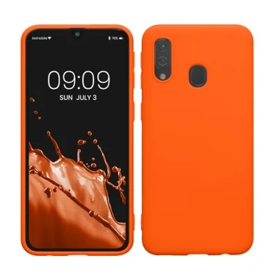 Abbildung von kwmobile Hülle kompatibel mit Samsung Galaxy A40 weiches TPU Silikon Case Cover geeignet für kabelloses Laden Neon Orange