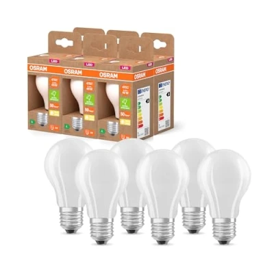 Abbildung von OSRAM LED Superstar Classic Lampe A 40 in klassischer Kolbenform aus gefrostetem Glas, 2.2 W, 470 lm, E27 Fassung, 2700 K für warmweißes Licht, EEK A, 60 mm Durchmesser, 6 Pack