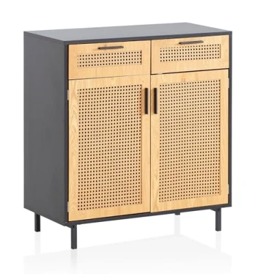 Abbildung von Sideboard 80 cm Anrichte Schwarz Kommodenschrank mit Wiener Geflecht