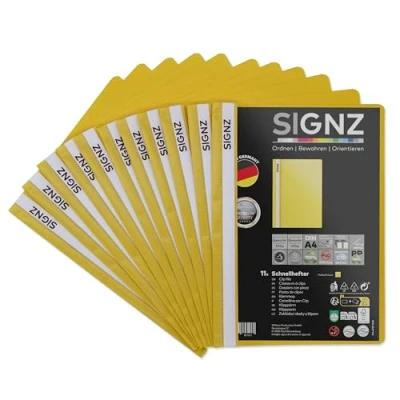 Abbildung von SIGNZ Schnellhefter DIN A4, stabil, 11 Stück, gelb, transparenter Deckel, CO2 neutral hergestellt, aus recycelbarem Kunststoff (PP), FSC Mix 70%, made in Germany