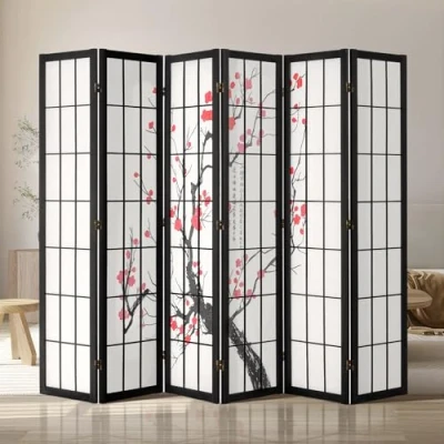 Abbildung von VEVOR 6 teiliger japanischer Raumteiler Faltbarer Sichtschutz aus Holz Indoor, Trennwände mit Kirschblütenmalerei tragbare Dekorationsschirme zur Raumtrennung für Restaurant &amp; Schlafzimmer