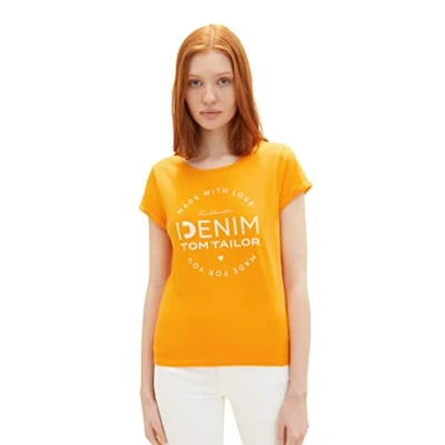 Abbildung von TOM TAILOR Denim Damen 1037722 T Shirt mit Schriftzug, 31684 Bright Mango Orange, L
