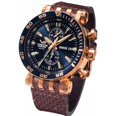 Abbildung von Vostok Europe Chronograph XXL Energia Rocket Herrenchronograph 575B590 Silikonband 48 mm, (Set mit Lederband (Braun) &amp; Silkonband (blau), 16 Trigalights aus dem Hause mb microtec