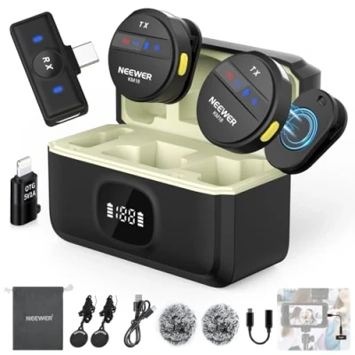 Abbildung von NEEWER Kabelloses Lavalier Mikrofon für iPhone Lärmunterdrückung Mini Ansteckmikrofon Set mit USB C OTG Lade Etui 24H Akku 200m Reichweite Kompatibel 16 15 Android Telefon PC Laptop, KM18