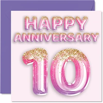 Abbildung von Stuff4 Hübsche Jubiläumskarte für Ehefrau, Freundin, Ehemann, Freund, rosa lila Glitzer Luftballons Happy 10th Anniversary Cards from Family, 145 mm x Grußkarten zehnte Jubiläen