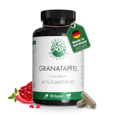 Abbildung von Granatapfel Kapseln WICHTIG: 50:1 Extrakt (=110.000mg) je Tagesdosis mit 40% Ellagsäure Deutsche Herstellung 100% Vegan &amp; Ohne Zusätze Vorrat für 2 Monate Green Naturals®