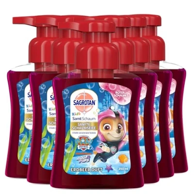 Abbildung von Sagrotan Kids Samt Schaumseife Erdbeere Paw Patrol Edition 6 x 250 ml mit farbigem Schaum im Seifenspender